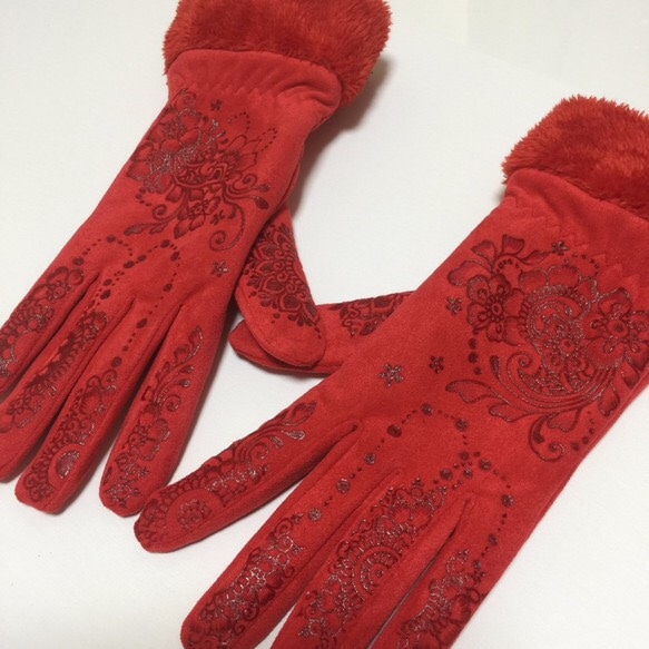 メヘンディー・ヘナスタイル　あったか手袋　赤色　M L size 2枚目の画像