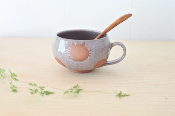 スープカップ（小豆）ねこ水玉【受注制作】 6枚目の画像