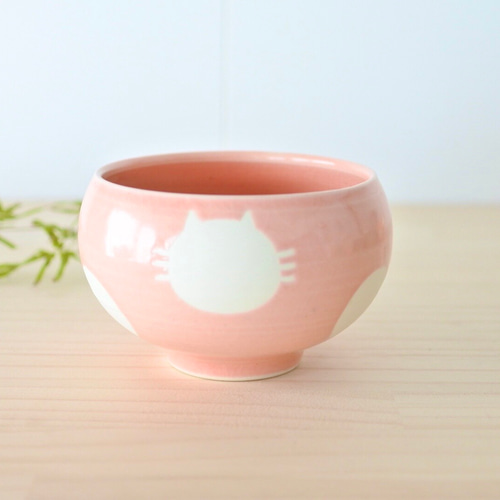 カフェオレボウル（桜ピンク）白ねこ水玉【受注制作】 お椀・ボウル