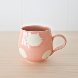 丸マグカップ（桜ピンク）白ねこ水玉【受注制作】 3枚目の画像