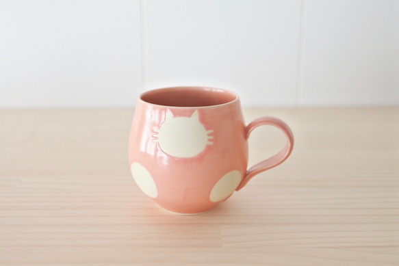 丸マグカップ（桜ピンク）白ねこ水玉【受注制作】 3枚目の画像