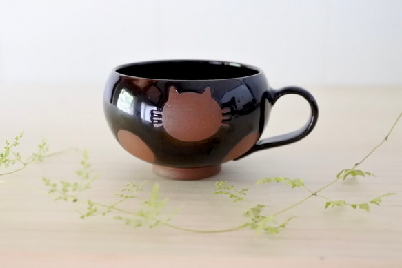 スープカップ（茶）ねこ水玉【受注制作】 1枚目の画像