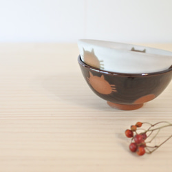 お茶碗小サイズ（茶）ねこ水玉【受注制作】 5枚目の画像