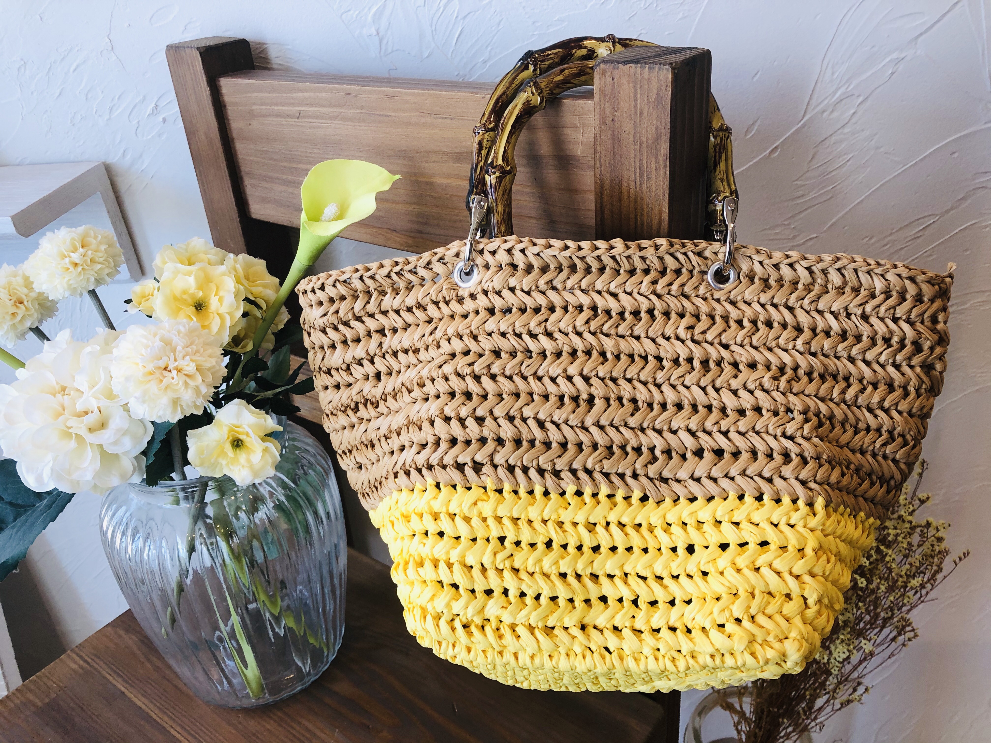 かごバック　バンブー持ち手トート