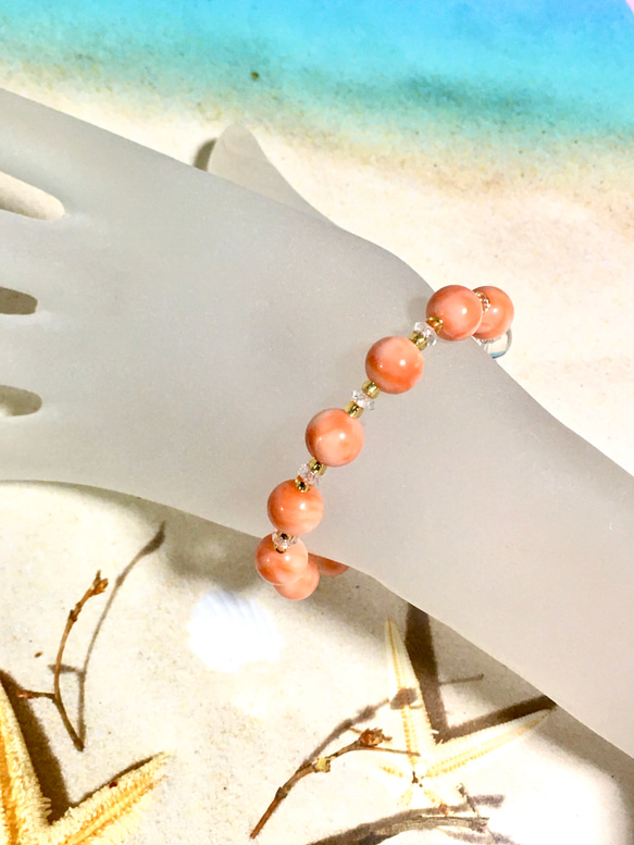 【送料無料】稀少な天然♡深海珊瑚♡オレンジピンクのマーブル模様　ブレスレット9㎜ 4枚目の画像