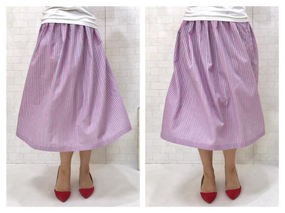 【送料無料】遊びシックBy A＊コットン100% ピンクonスカイブルーストライプ スカート By Aki 2枚目の画像