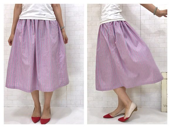 【送料無料】遊びシックBy A＊コットン100% ピンクonスカイブルーストライプ スカート By Aki 4枚目の画像