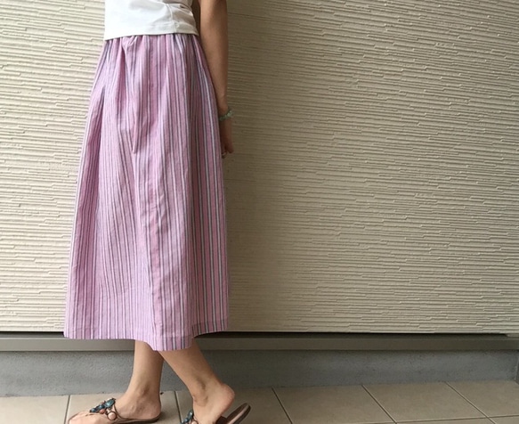 【送料無料】遊びシックBy A＊コットン100% ピンクonスカイブルーストライプ スカート By Aki 5枚目の画像