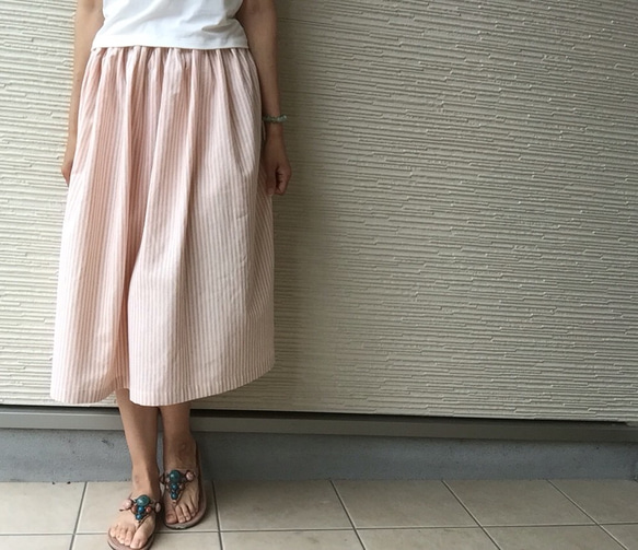 遊びシックBy A＊柔らかピンクの生成りストライプ ポケット付きスカート By Aki 3枚目の画像