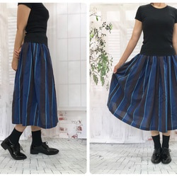 ナチュラル＊播州織ブルー&ブラックの大人ストライプ スカート 受注生産 3枚目の画像