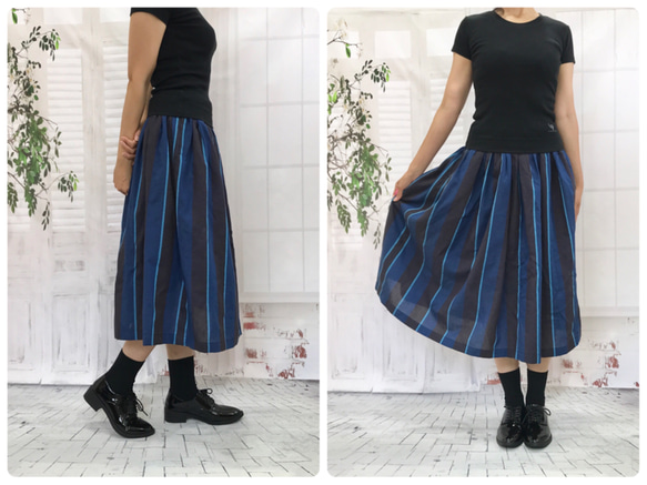 ナチュラル＊播州織ブルー&ブラックの大人ストライプ スカート 受注生産 3枚目の画像