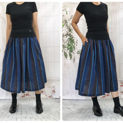 ナチュラル＊播州織ブルー&ブラックの大人ストライプ スカート 受注生産 4枚目の画像