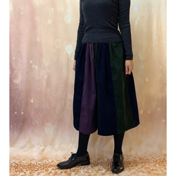 冬 大人可愛い＊グリーン&ネイビー&ラベンダーのコーデュロイはぎスカート受注生産1358-1 2枚目の画像