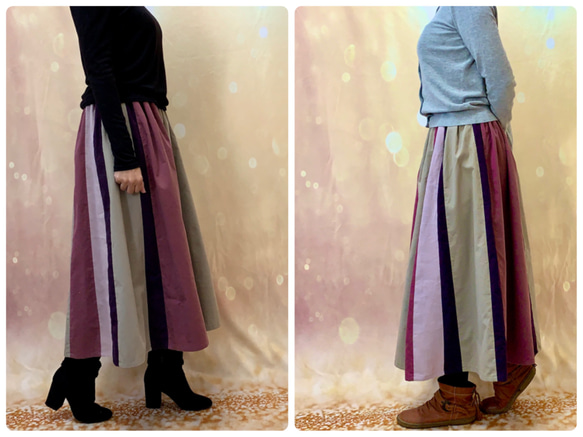 フェミキュート＊モーブピンク&グレージュ&ラベンダーのコーデュロイのロングスカート 受注By 彩苺[1360]k6 4枚目の画像