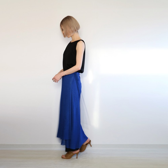 シルクのラップスカート(ロングスカート)パンツやワンピースとレイヤードも/ロイヤル・ブルー(鮮やかな青)[Diphda] 5枚目の画像