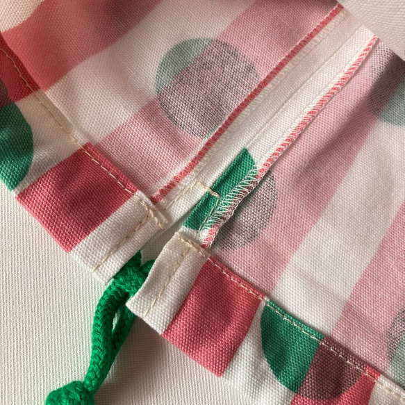 【sale10％オフ】巾着袋（中）ストライプ×ドット柄　ピンク×グリーン 3枚目の画像