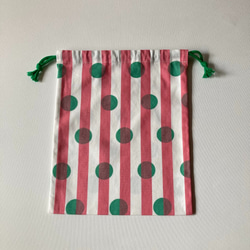 【sale10％オフ】巾着袋（中）ストライプ×ドット柄　ピンク×グリーン 4枚目の画像