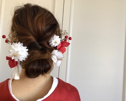 つまみ細工とかんざしセット 紅白