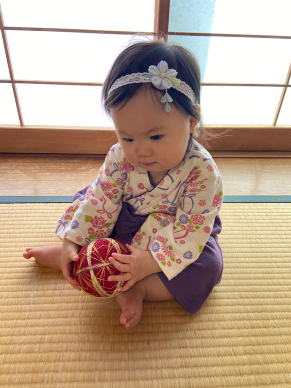 つまみ細工 ベビーヘアバンド　桜 水色 2枚目の画像