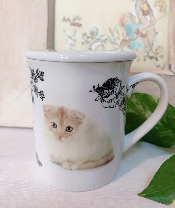 ねこちゃん　茶こし付きマグカップ(ベージュ) 1枚目の画像