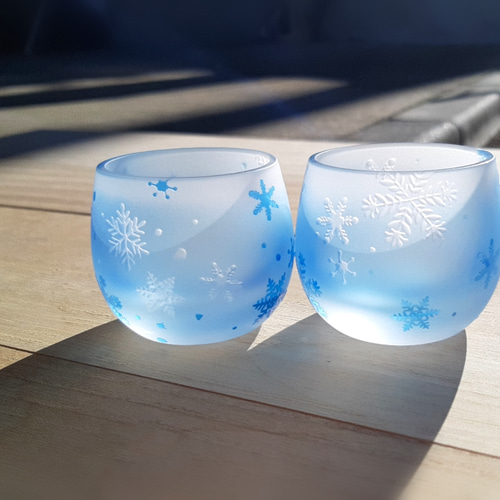 明治　大正　湯呑み　型紙摺　印判　雪輪　雪　結晶 受注生産】雪の結晶 天開ぐい呑み サンドブラスト 冬グラス 単品 - 月