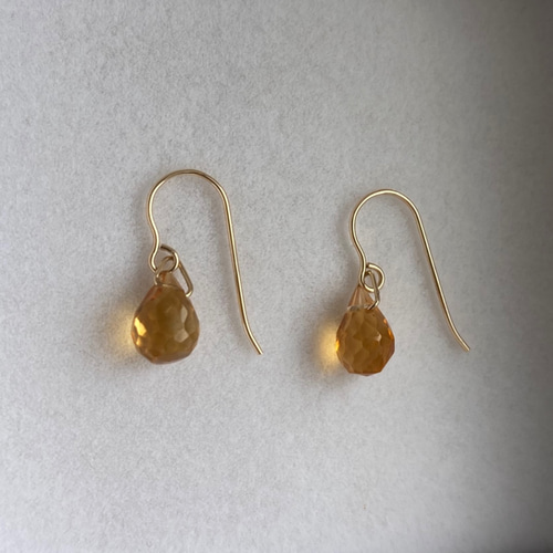 14kgf》天然石 一粒ブランデー シトリン ピアス／ノンホールピアス  