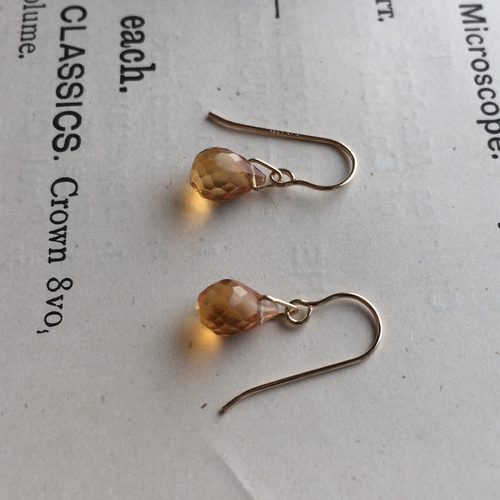 14kgf》天然石 一粒ブランデー シトリン ピアス／ノンホールピアス  