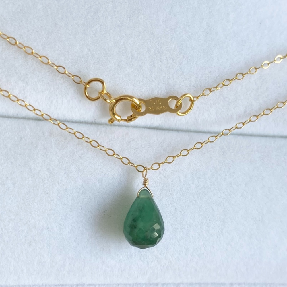 《14kgf》 天然石 エメラルド ナチュラル ドロップ ネックレス