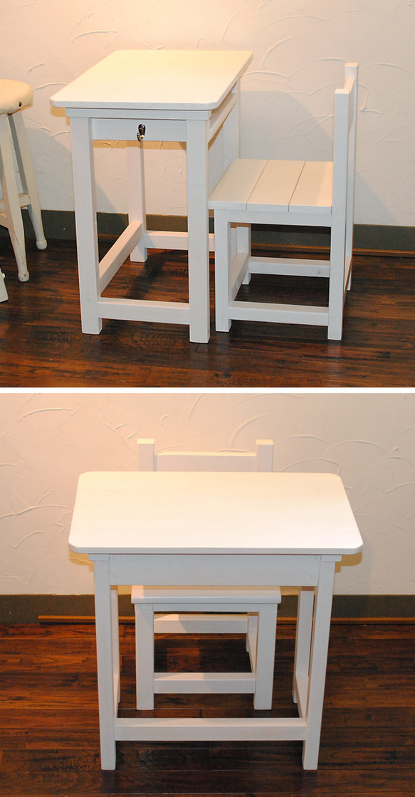★白いレトロ机★かわいい昭和レトロの小さな勉強机と椅子★ 2枚目の画像
