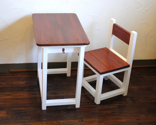 ハンドメイド キッズチェア&キッズデスク（チーク色×ホワイト） フレンチデスク パイン無垢材 学習デスク椅子セット バレンシア