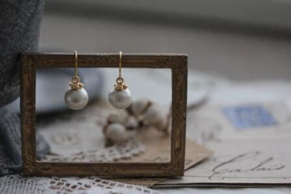 14kgf 棉珍珠與幸運草的單顆耳環 第4張的照片