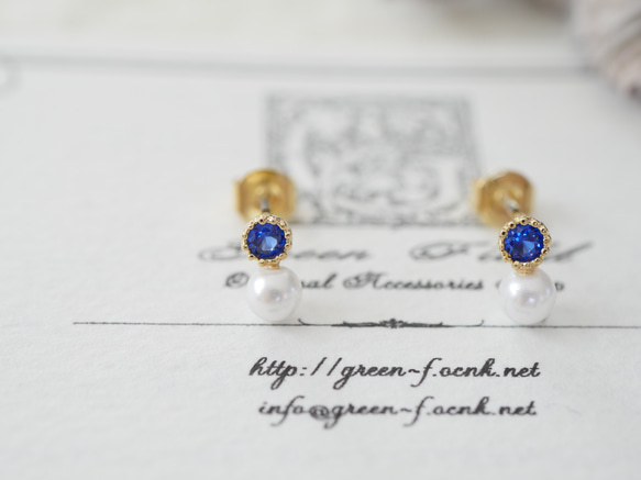 藍色藍寶石（氧化鋯）和珍珠耳環 金 第6張的照片