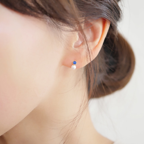 ブルーサファイア（ジルコニア）とパールの一粒ピアス ゴールド ピアス  