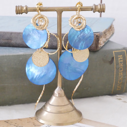 2路貝殼和金耳環（藍色） 第2張的照片