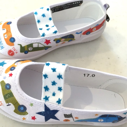 お名前入れ無料♪オーダーメイド♪デコパージュ上履き♪クルマ星入り  