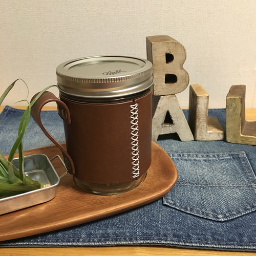 BALL社のメイソンジャー用レザースリーブ16ozレザーマグ 栃木レザー