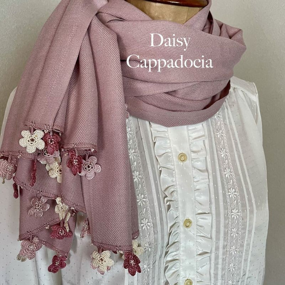 刺繍のお花つき パシュミナストール「マリー」ピンク 3枚目の画像