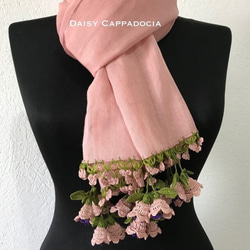 刺繍のお花付き コットンストール　ピンク&パープル 5枚目の画像