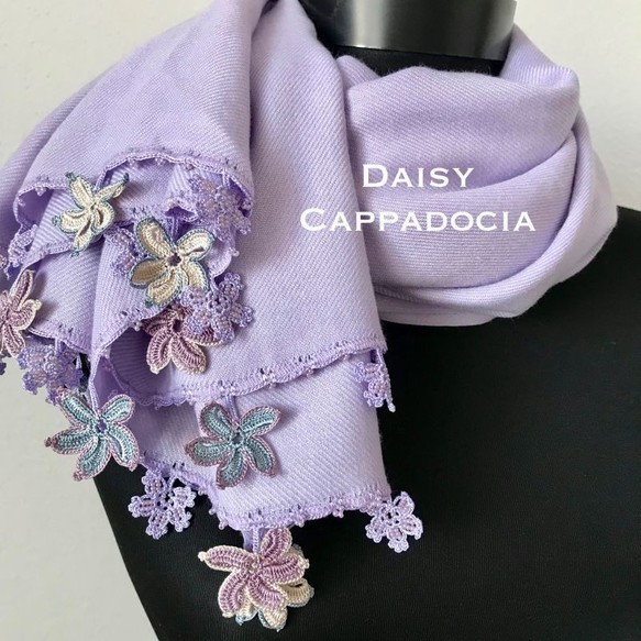 刺繍のお花つき　パシュミナストール　ラベンダー