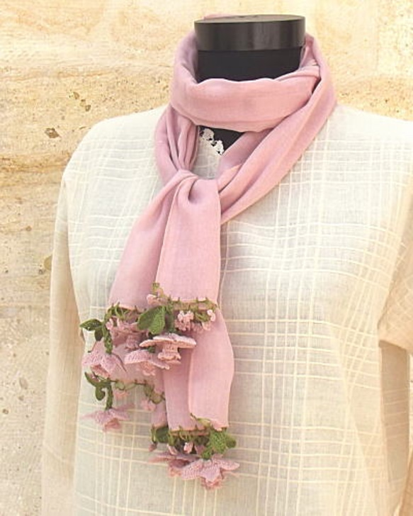3D 蕾絲花棉披肩有機棉粉色米色 [ST043] 第2張的照片