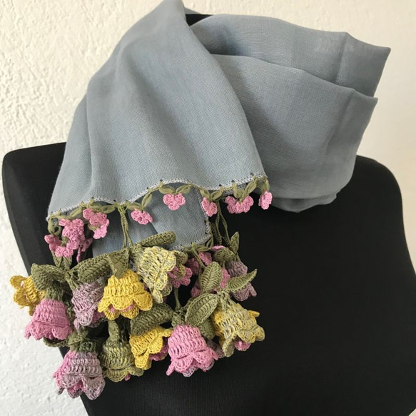 立体刺繍のお花付き　コットンストール　グレー 3枚目の画像