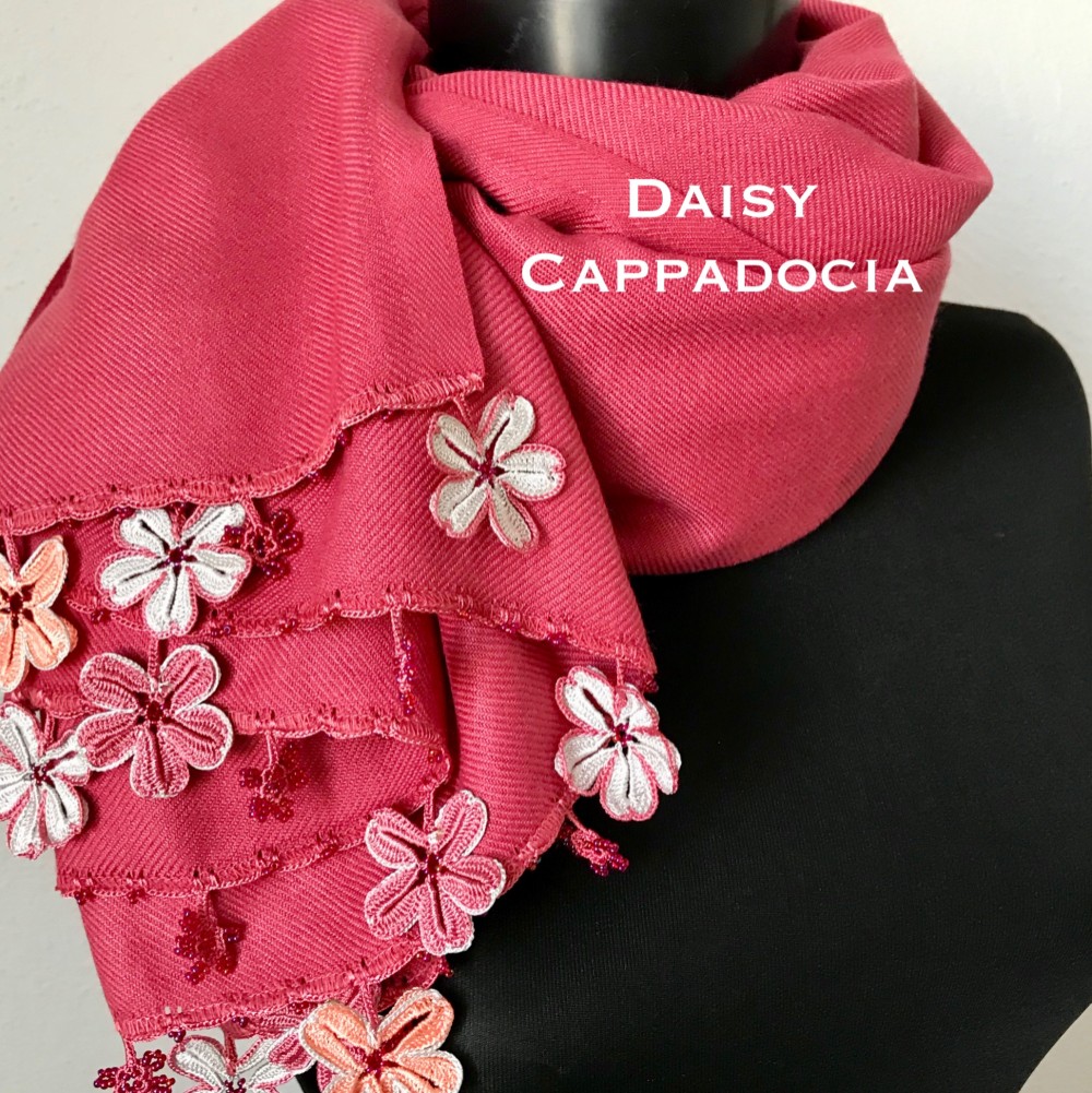 刺繍のお花つき　パシュミナストール　ローズピンク