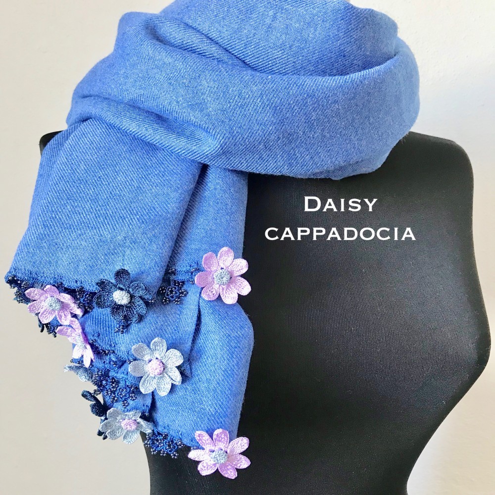 刺繍のお花つき　パシュミナストール「デイジー」デニムブルー