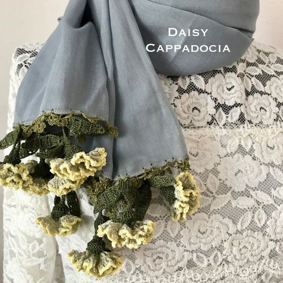 刺繍のお花付き コットンストール ライトグレー＆カーネーション