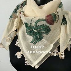 針蕾絲純棉手繪圍巾（兩側）奶油色 第3張的照片