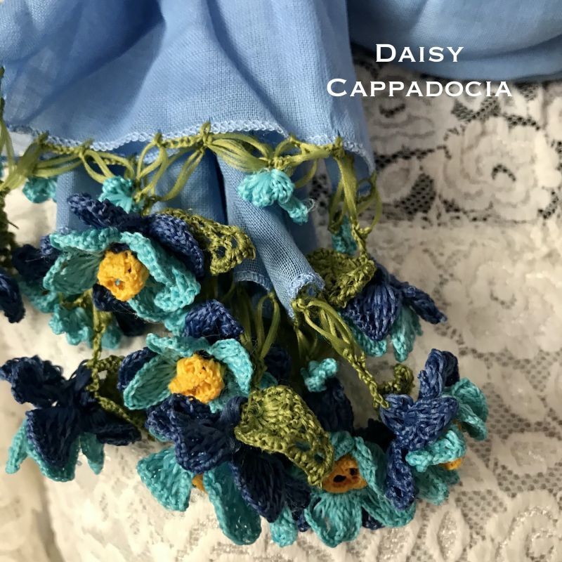 刺繍のお花付き コットンストール ライトブルー＆ブルーミックス