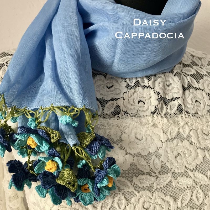 刺繍のお花付き コットンストール ライトブルー＆ブルーミックス