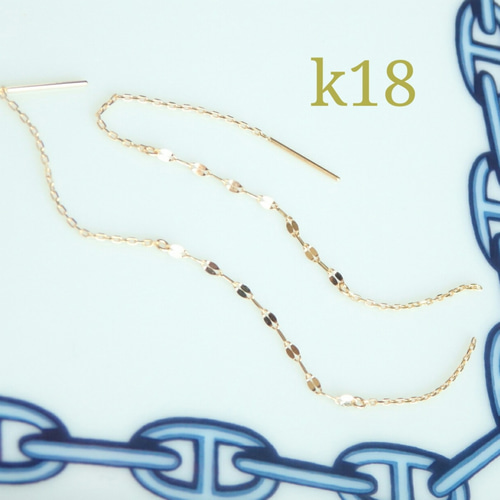 k18ピアス　キラキラアメリカンピアス　ペタルチェーン　18金  18k