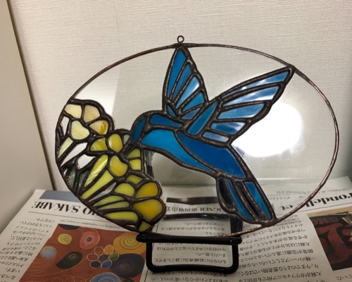 大判ステンドグラス Hummingbird ハミングバードと蘭グラス