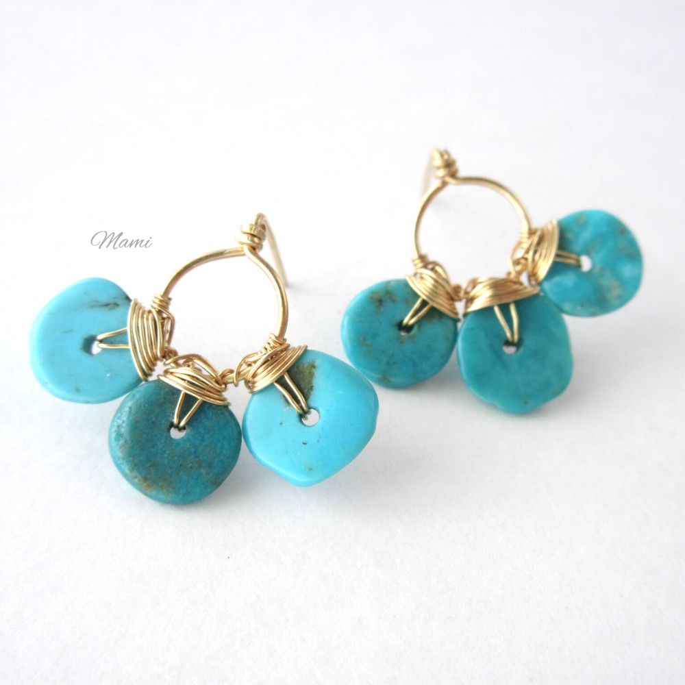 14KGF ターコイズのサークルラインピアス フリル